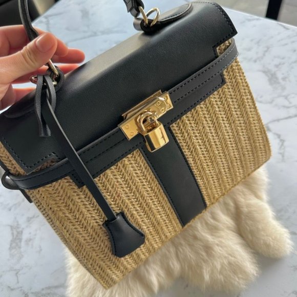 Handbags - Black woven straw summer  handbag